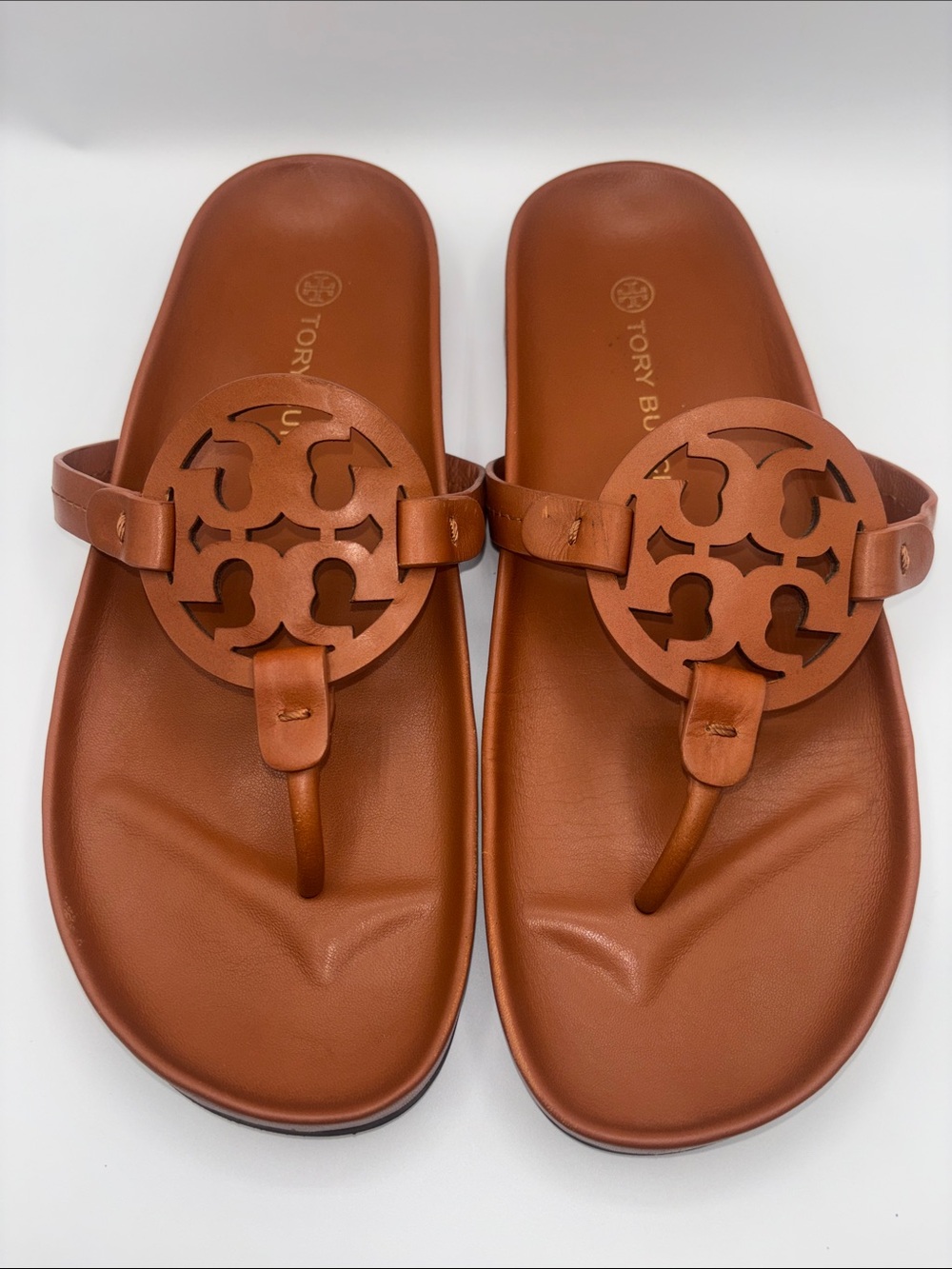 Tory Burch Caramel Leather Logo Thong Sandals